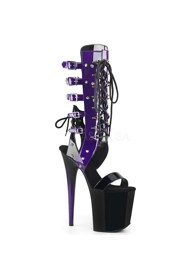 8" Heel, 4" PF Multi Buckle Mid-Calf Front Lace Up Sandal