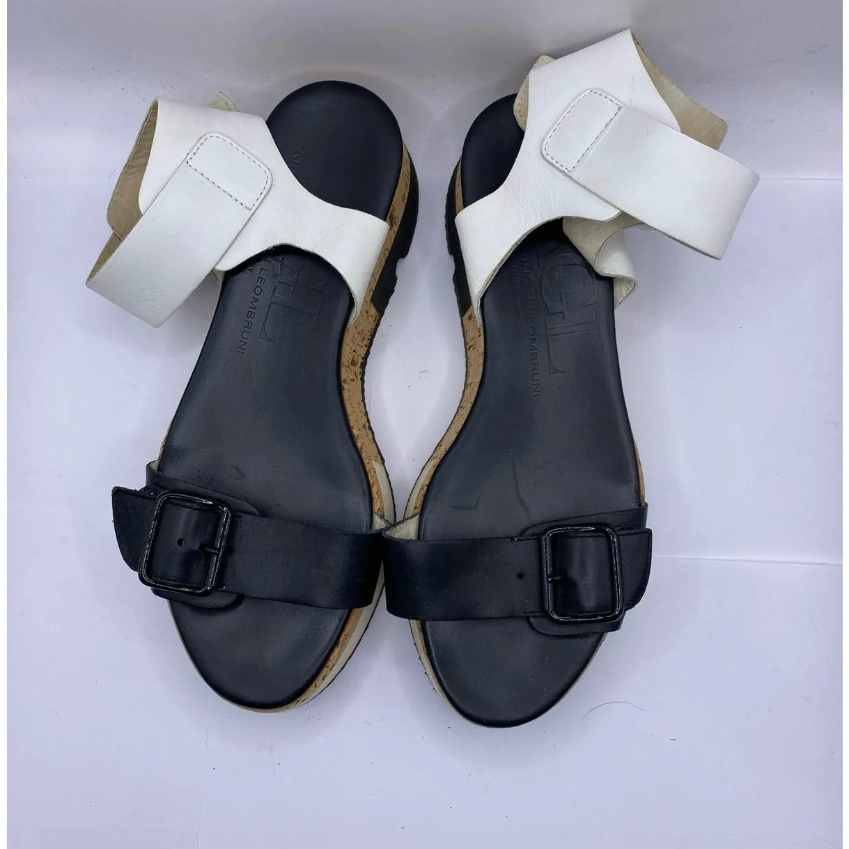 Attilio Giusti Leombruni Black/White Strappy Buckle Platform Sandal Sz 6.5