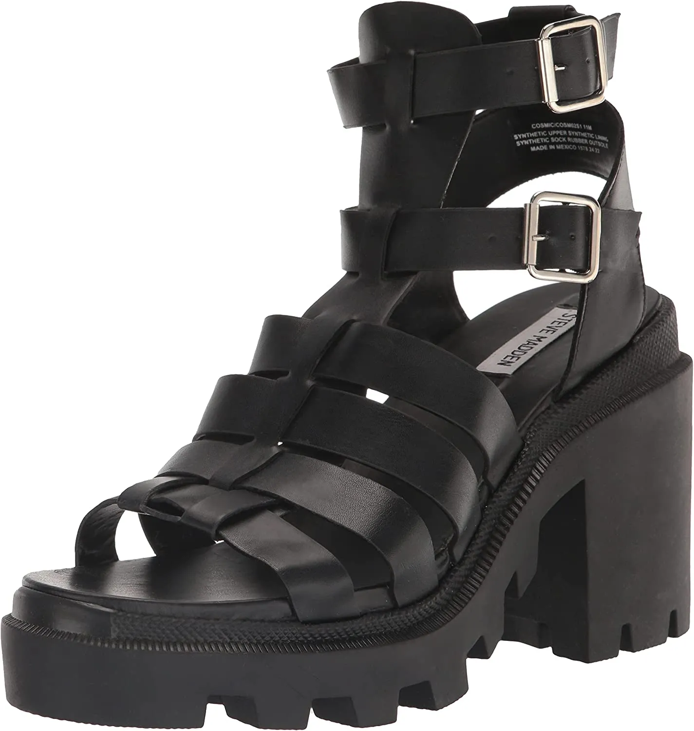 Block Madden Buckle Best-priced Steve Sandals Strappy Heel Cosmic Toe Heeled Squared Attractive pricing Black
