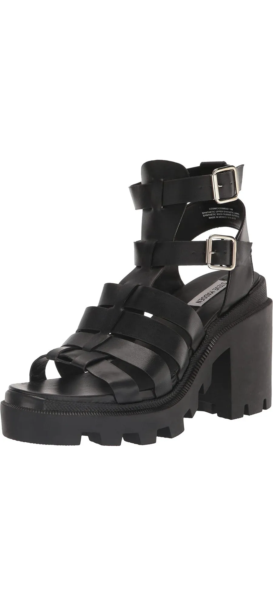 Block Madden Buckle Best-priced Steve Sandals Strappy Heel Cosmic Toe Heeled Squared Attractive pricing Black