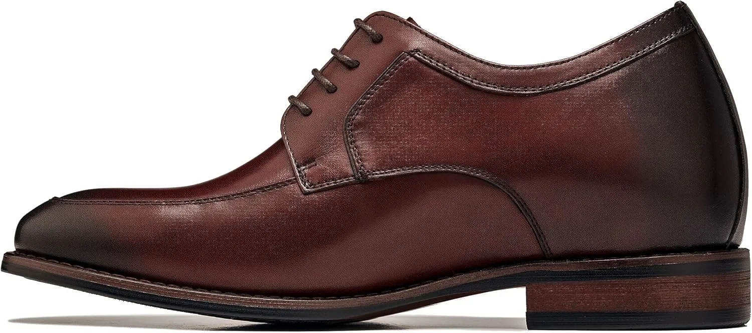 CALTO Men's Invisible Height Increasing Elevator Shoes - Rust Brown Premium Leather Lace-up Round-Toe Formal Derby Oxfords - 2.8 Inches Taller - Y7427- Size 9 D(M) US