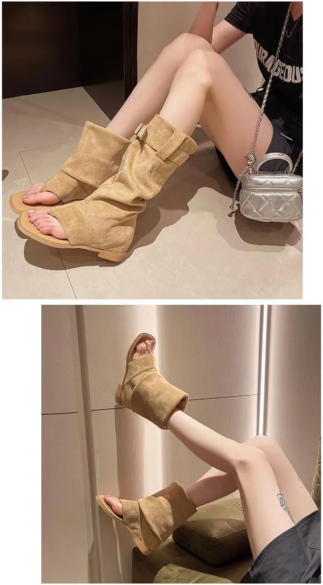 Cubicbee Women's High Top Clip Toe Denim Wedge Sandals Retro Bohemian Gladiator Buckle Flat Flip Flops Roman Sandals Boots