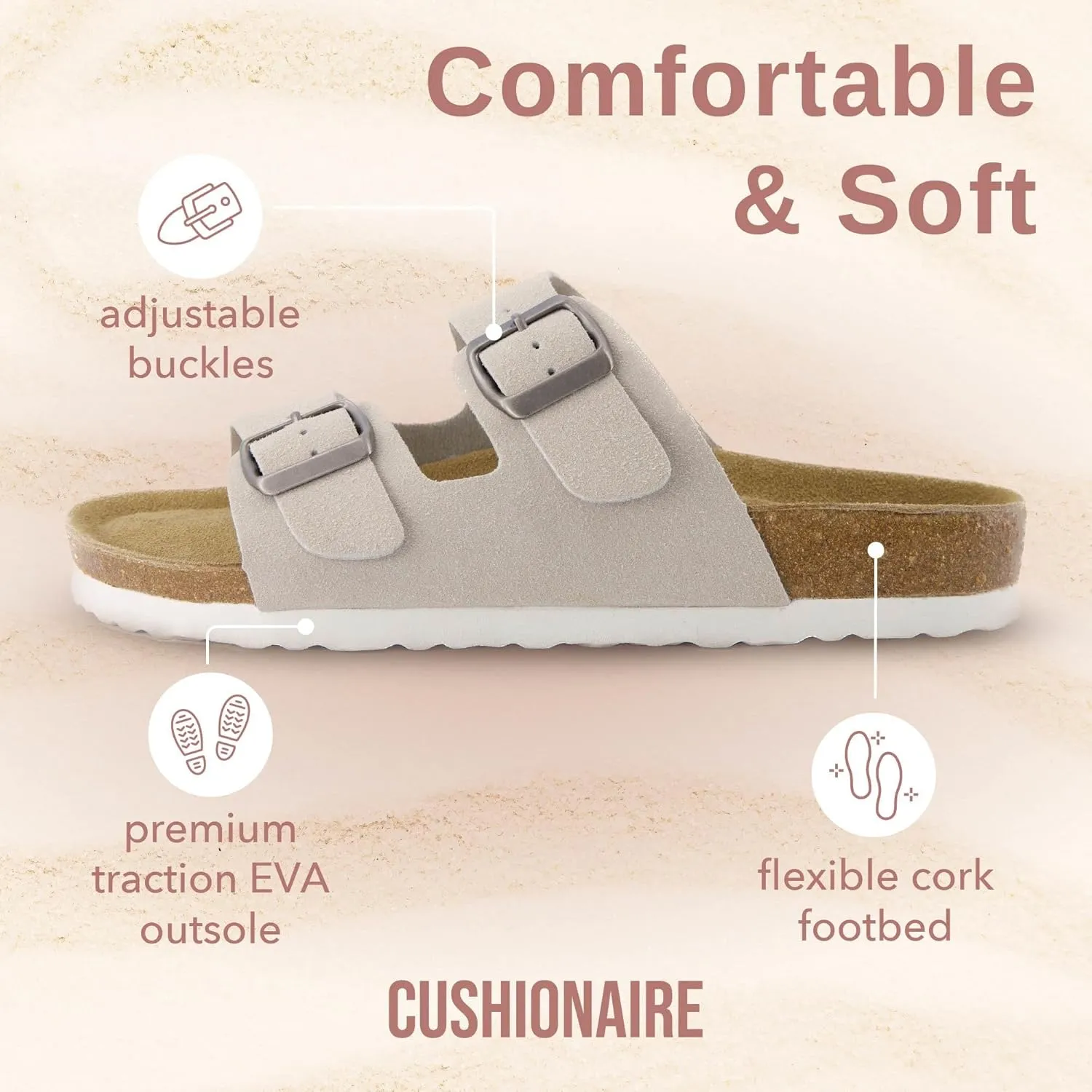 CUSHIONAIRE Lane Cork Footbed Sandals for Women – Comfortable Double Buckle Slip-On with Genuine Suede Footbed & Arch Support Slides for Women Footwear