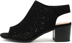 Daisy - Women's Caged Geometric Laser Cut Out Peep Toe Chunky Stacked Heel Ankle Sandal
