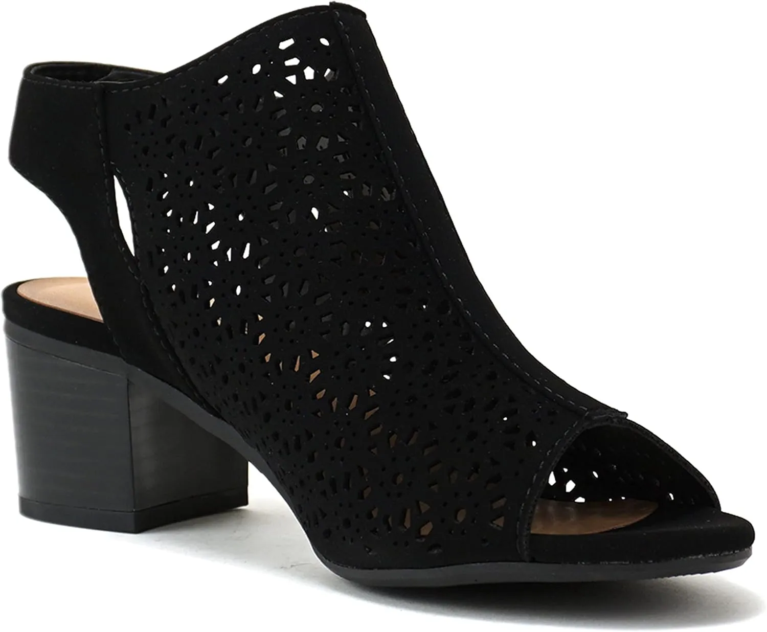 Daisy - Women's Caged Geometric Laser Cut Out Peep Toe Chunky Stacked Heel Ankle Sandal