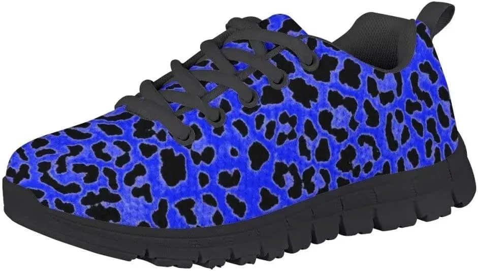 Dellukee Running Shoes for Girls Boys Black Bottom Kids Breathable Athletic Tennis Walking Leopard Sneakers