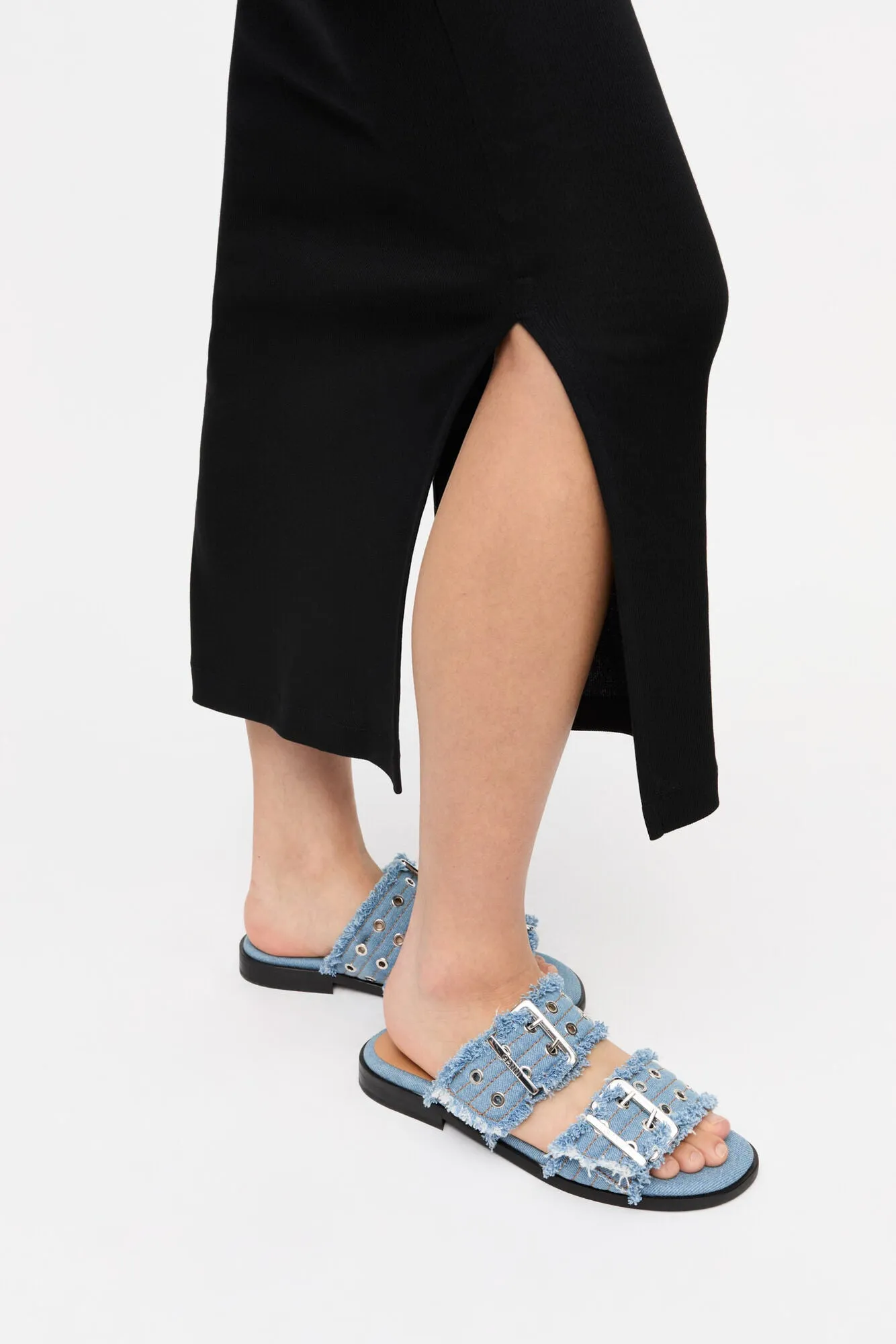 Feminine Buckle Two Strap Sandal Charms Denim