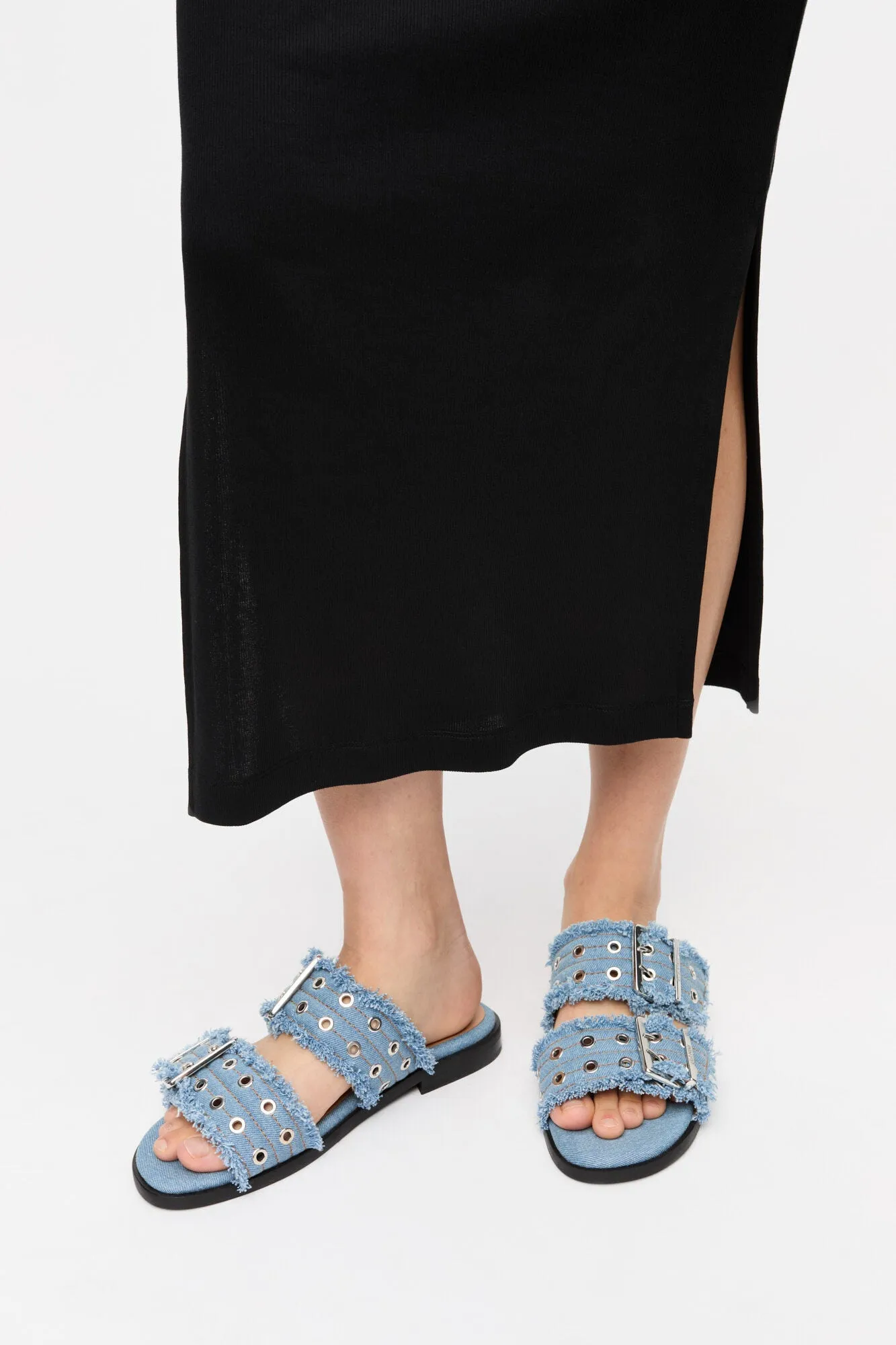 Feminine Buckle Two Strap Sandal Charms Denim