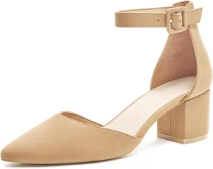 FISACE Womens Low Mid Square Heel Ankle Strap Sandal Office Ladies Pointed Toe Pumps Shoes