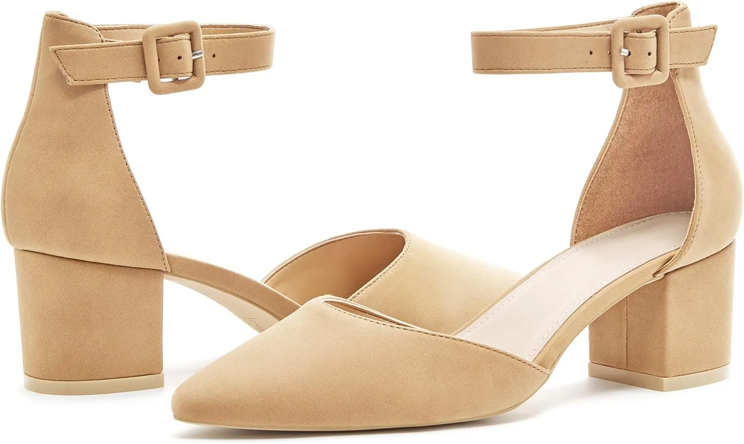 FISACE Womens Low Mid Square Heel Ankle Strap Sandal Office Ladies Pointed Toe Pumps Shoes