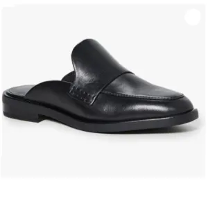 FOWT Black Burnished Round Closed Toe Loafer Mules Slip On Flat Sandals Shoes