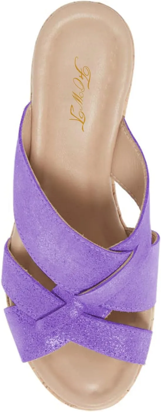 FOWT Women’s Cork Wedge Sandals Cross Strappy High Platform Open Toe Slippers Slip-On Chunky Heels Wide Width Available Shoes Outdoor Beach Casual Size 4-16 US