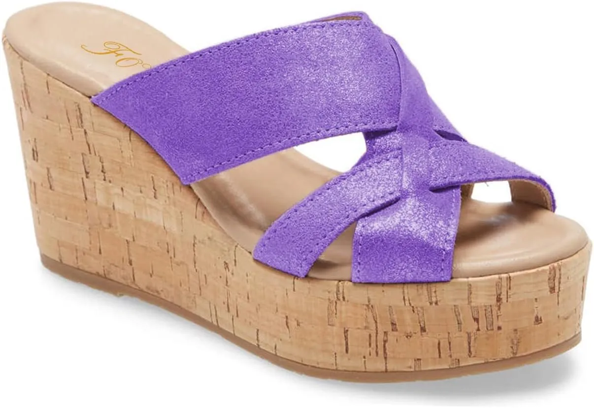 FOWT Women’s Cork Wedge Sandals Cross Strappy High Platform Open Toe Slippers Slip-On Chunky Heels Wide Width Available Shoes Outdoor Beach Casual Size 4-16 US