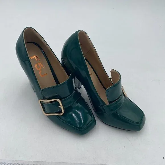FSJ Green Chunky High Heels Square Toe Loafer Shoes Slip On Office Pumps Buckle