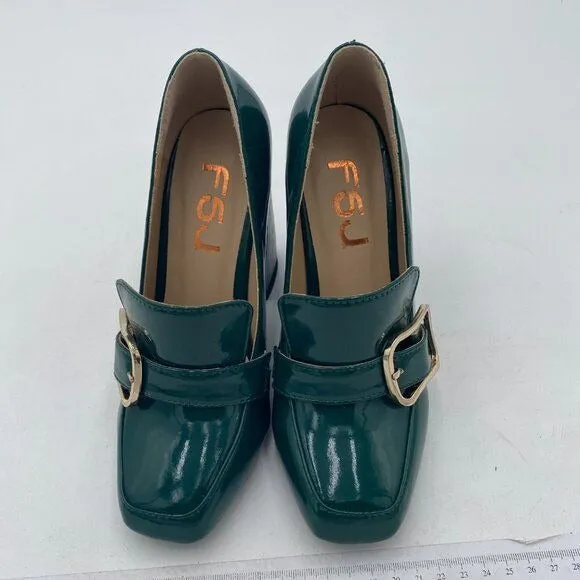 FSJ Green Chunky High Heels Square Toe Loafer Shoes Slip On Office Pumps Buckle