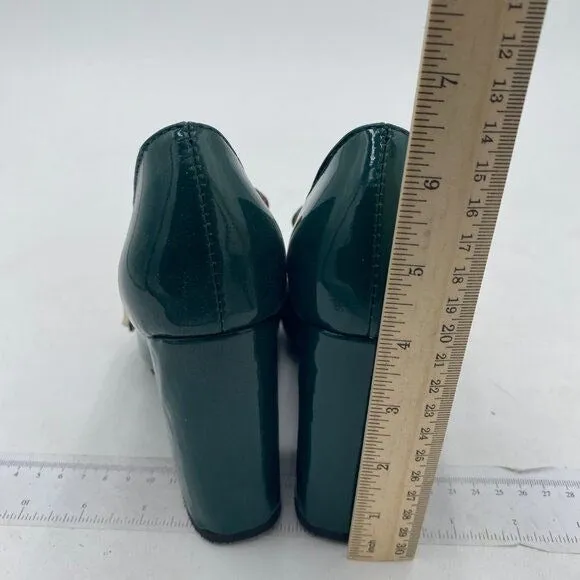 FSJ Green Chunky High Heels Square Toe Loafer Shoes Slip On Office Pumps Buckle