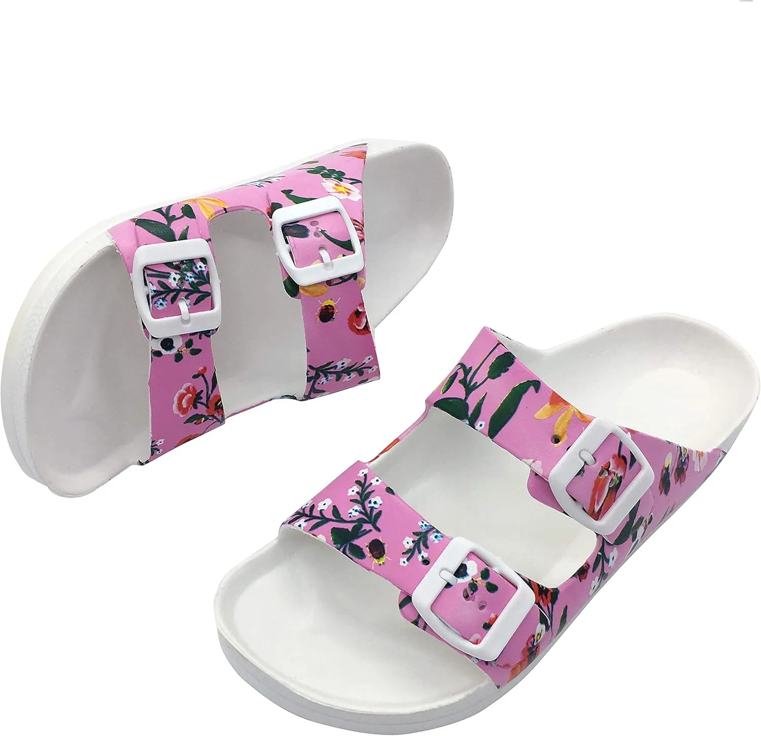 FUNKYMONKEY Women's Comfort Slides Double Buckle Adjustable Plastics Flat Sandals