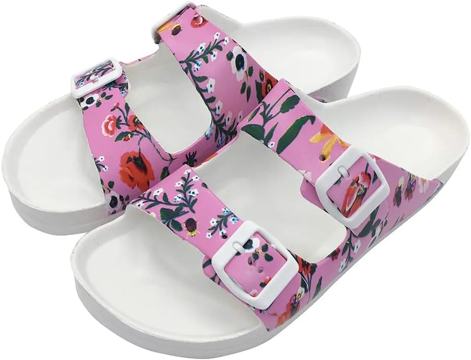 FUNKYMONKEY Women's Comfort Slides Double Buckle Adjustable Plastics Flat Sandals