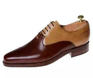 Handmade Men Two Tone Brogue Leather Lace Up Business Shoes For Mens