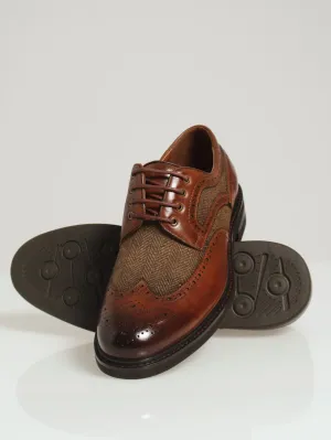 Herringbone Insert Brogued Lace Up Derby - Tan