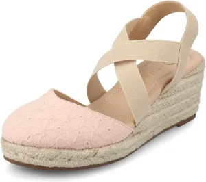 Journee Womens cushioned footbeds Ashlee wedge heel espadrille sandal soft fabric uppers ankle strap sandal round-toe