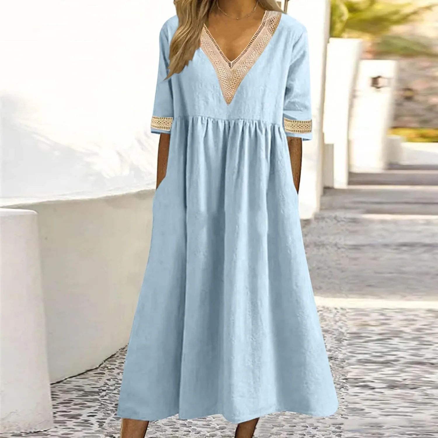 Lastesso Dresses for Women 2024 Trendy Lace V Neck Short Sleeve Summer Relaxed Size Sundresses Casual Boho Beach Maxi Dress