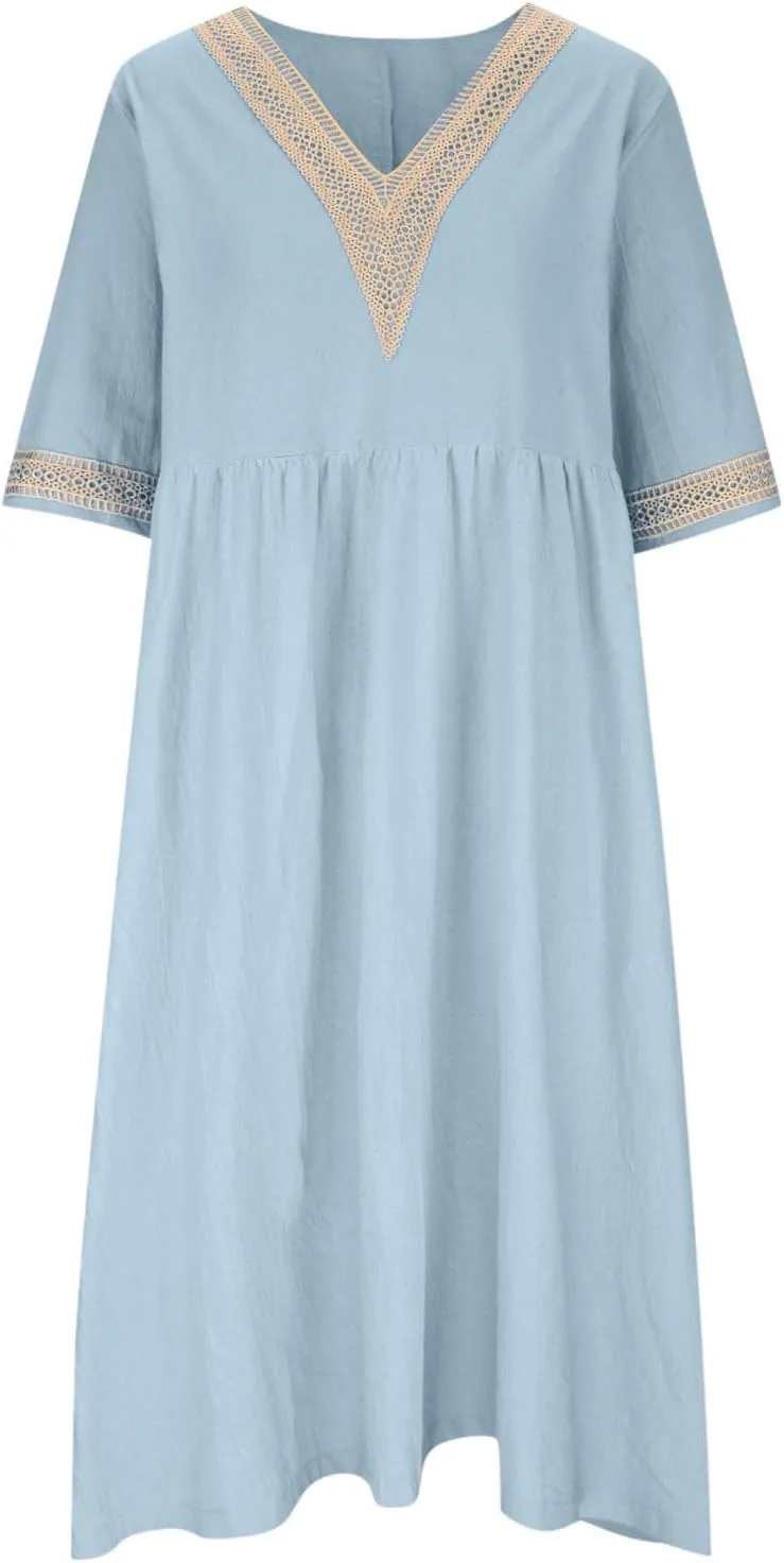 Lastesso Dresses for Women 2024 Trendy Lace V Neck Short Sleeve Summer Relaxed Size Sundresses Casual Boho Beach Maxi Dress