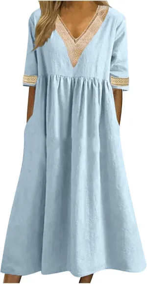 Lastesso Dresses for Women 2024 Trendy Lace V Neck Short Sleeve Summer Relaxed Size Sundresses Casual Boho Beach Maxi Dress