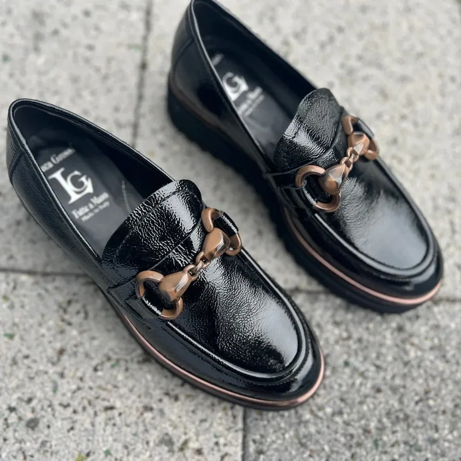 Luca Grossi Black Patent Chunky Loafer with front  tortoiseshell-accented hardware K052M