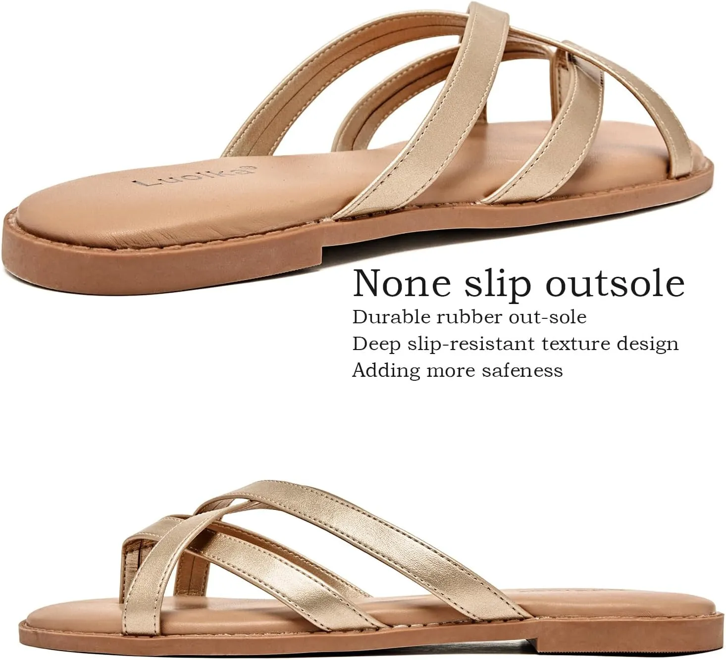 Luoika Women's Wide Width Flat Sandals, Flip Flop Slides Sandal Casual Strapy Sandal Slip on Summer Beach Shoes for Women.