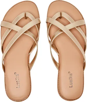 Luoika Women's Wide Width Flat Sandals, Flip Flop Slides Sandal Casual Strapy Sandal Slip on Summer Beach Shoes for Women.