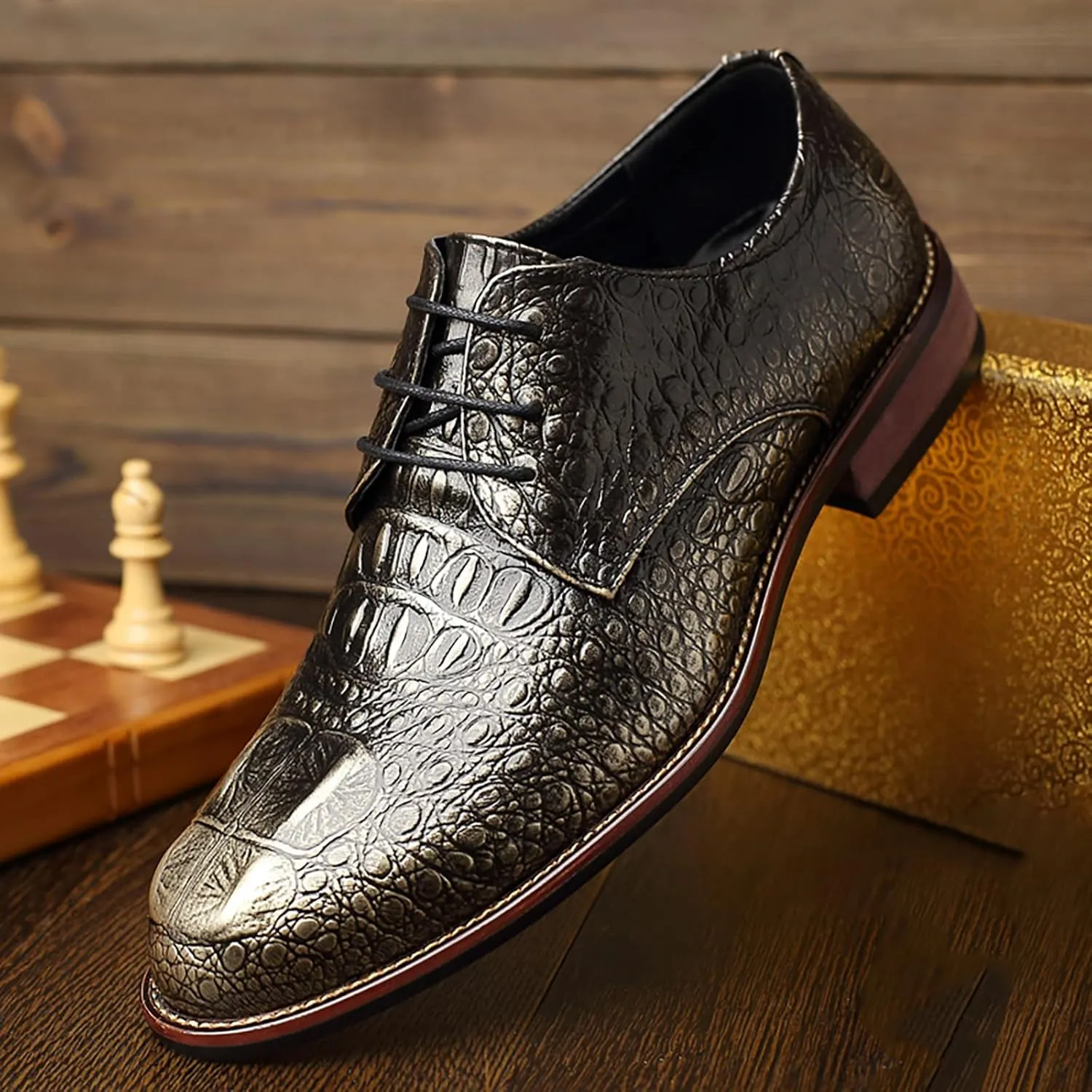 Men's Alligator Lace Up Dress Shoes Men's Crocodile Print Round Toe Oxford Shoes,Classical Business Formal Derby Shoes for Men
