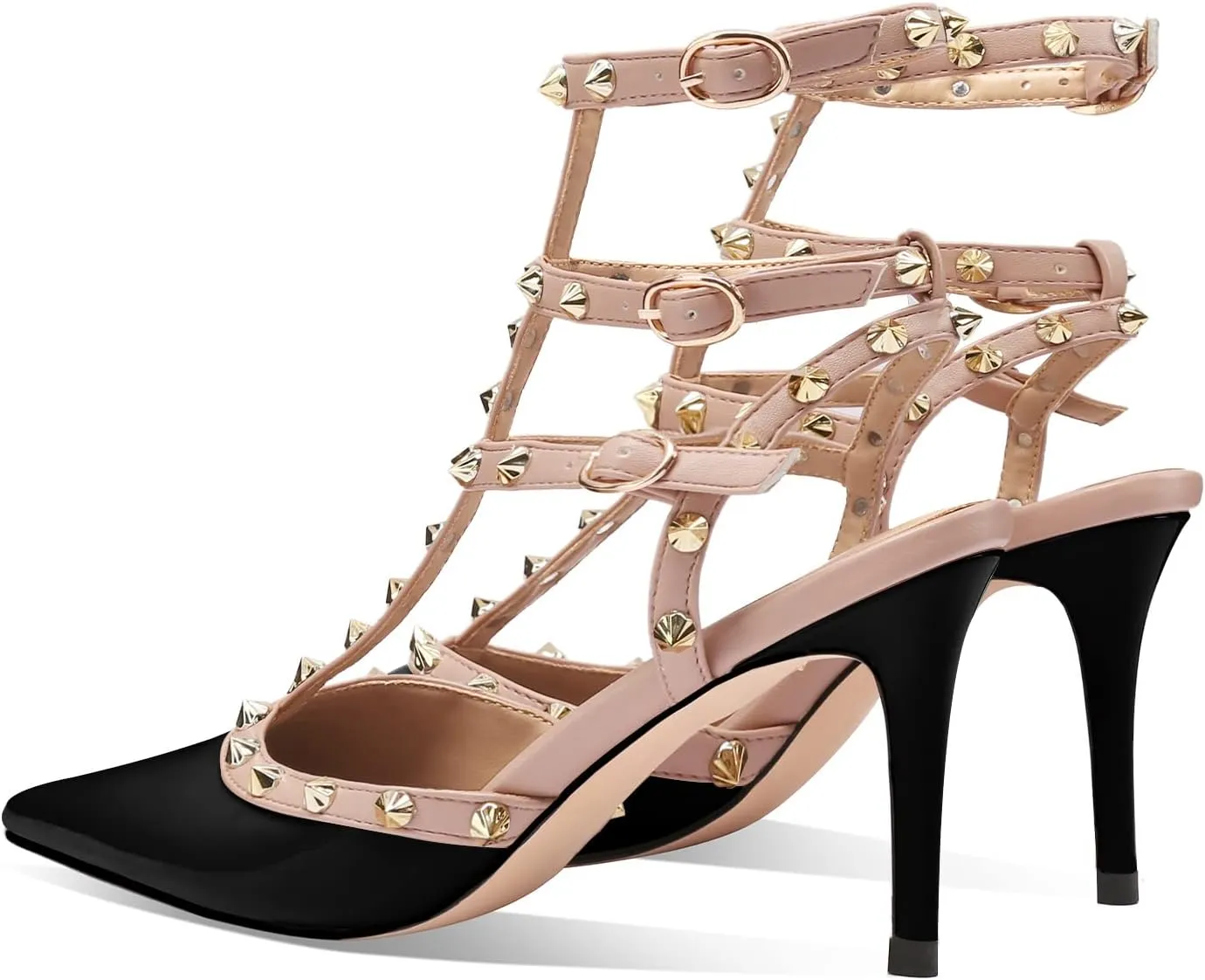 MIRAAZZURRA Women Heeled Sandals Rivet Studded T-Strap Wedding Shoes Stiletto High Heels Pointed Toe Slip On Bridal Pumps for Women