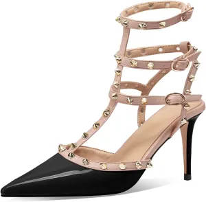 MIRAAZZURRA Women Heeled Sandals Rivet Studded T-Strap Wedding Shoes Stiletto High Heels Pointed Toe Slip On Bridal Pumps for Women
