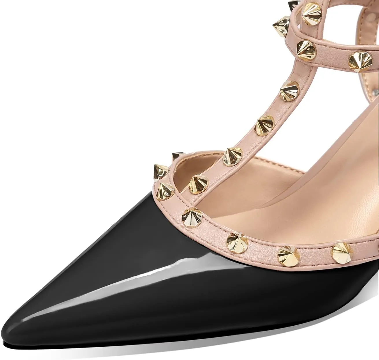 MIRAAZZURRA Women Heeled Sandals Rivet Studded T-Strap Wedding Shoes Stiletto High Heels Pointed Toe Slip On Bridal Pumps for Women