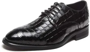 New Formal Shoes for Men Lace Up Crocodile Embossed Derby Shoes Leather Low Top Non Slip Resistant Business