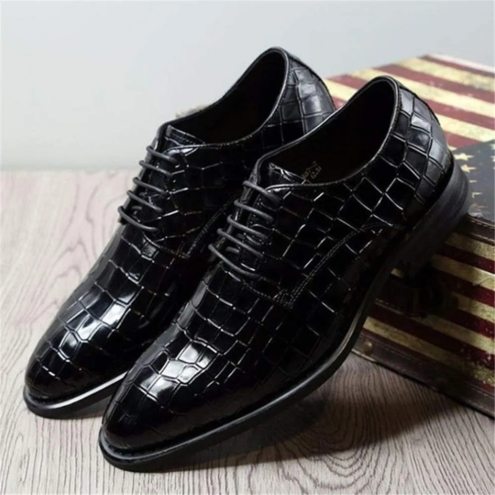 New Formal Shoes for Men Lace Up Crocodile Embossed Derby Shoes Leather Low Top Non Slip Resistant Business