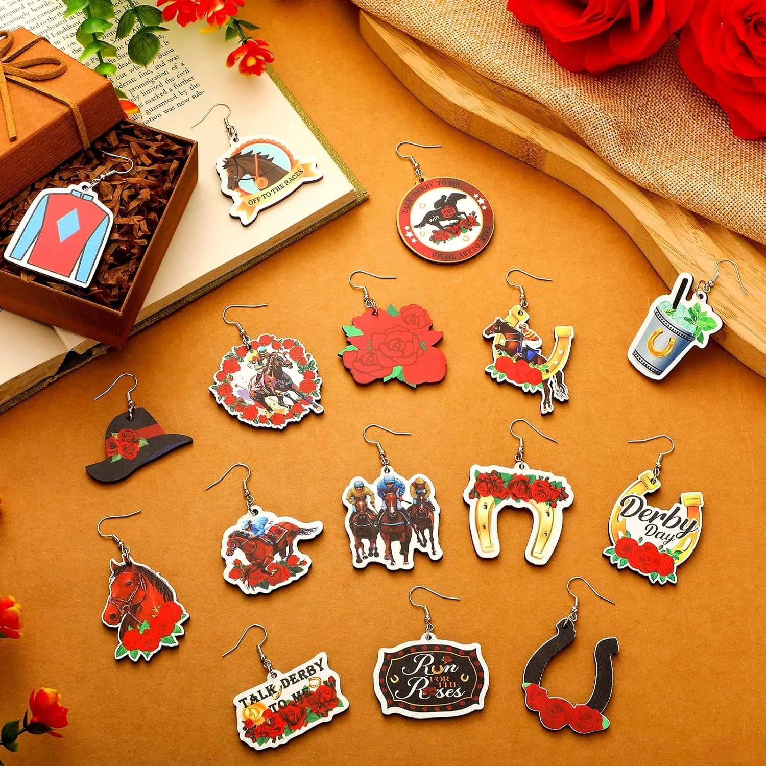 Nosiny 16 Pairs Derby Race Horse Earrings for Western Horse Racing Bulk Wood Dangle Earring Western American Jewelry