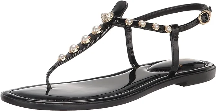 Open Flat Gigi Toe Ankle Sam Strap Edelman Pearl Black Embellished Heavy-duty Thong Sandals Price drop