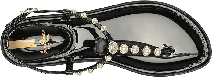 Open Flat Gigi Toe Ankle Sam Strap Edelman Pearl Black Embellished Heavy-duty Thong Sandals Price drop