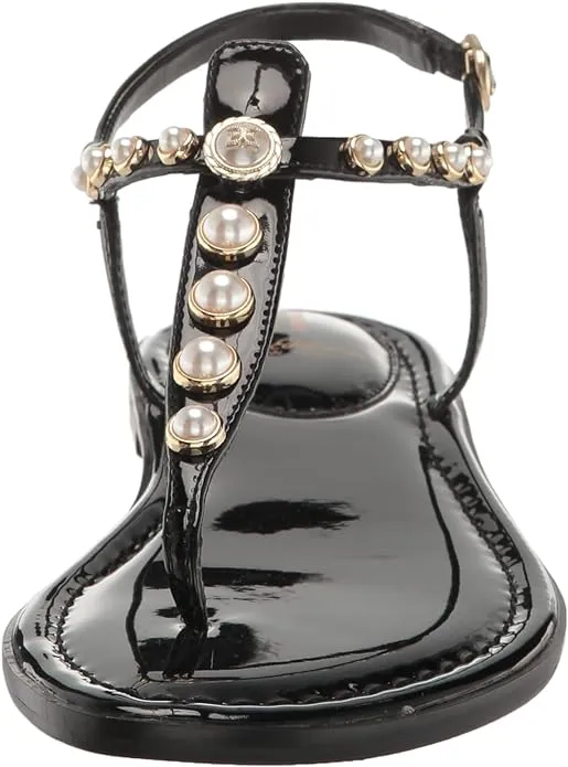 Open Flat Gigi Toe Ankle Sam Strap Edelman Pearl Black Embellished Heavy-duty Thong Sandals Price drop