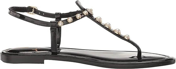Open Flat Gigi Toe Ankle Sam Strap Edelman Pearl Black Embellished Heavy-duty Thong Sandals Price drop