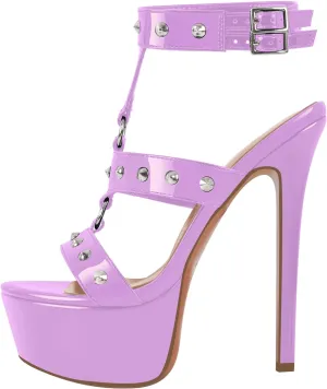 richealnini Studded Rivets Heels for Women T-strap Punk Gothic Sandals Gladiator with Platform Sky High Stiletto Heels
