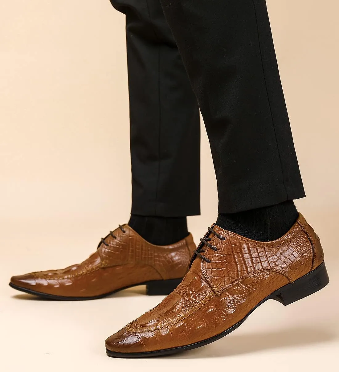 Santimon Men's Oxfords Formal Dress Classic Lace-up Wingtip Crocodile Texture Derby Genuine Leather Fashion Comfortable Shoes Buinsess Casual Prom Wedding Tuxedo Shoes for Men