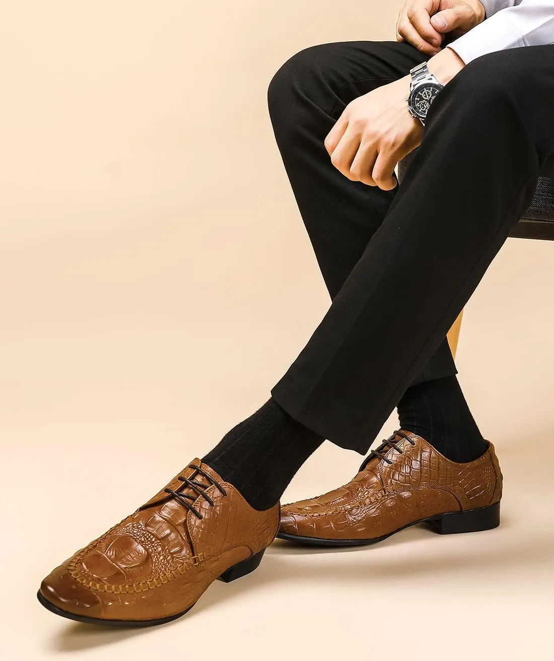 Santimon Men's Oxfords Formal Dress Classic Lace-up Wingtip Crocodile Texture Derby Genuine Leather Fashion Comfortable Shoes Buinsess Casual Prom Wedding Tuxedo Shoes for Men