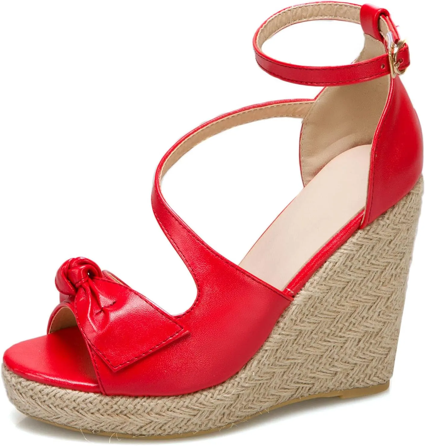 SHEMEE Women's Round Open Toe Espadrille Wedge Sandals Platform High Heel Ankle Strap Buckle Bow Sandalias Summer Shoes