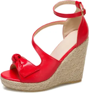 SHEMEE Women's Round Open Toe Espadrille Wedge Sandals Platform High Heel Ankle Strap Buckle Bow Sandalias Summer Shoes