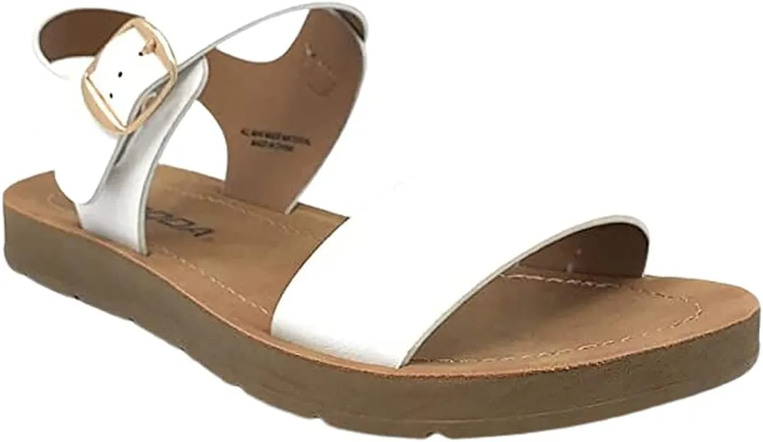 Soda KIDS/CHILDREN/GIRLS Casual Open Toe Single Band Fashion Slide Flat Sandal with Adjustable Ankle Strap PLENTY-11S White Pu 4