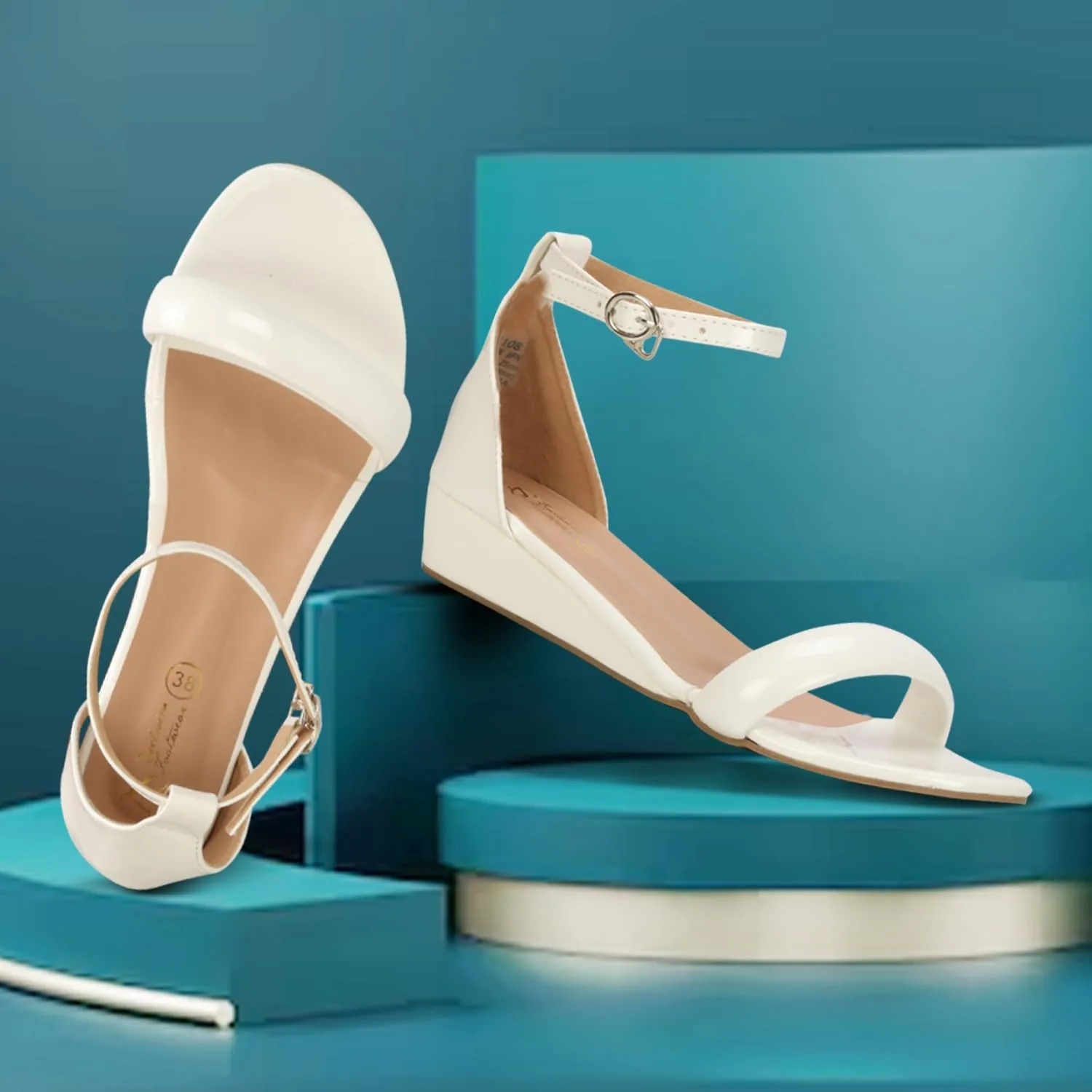 Women's Ankle Strap Low Wedge Heel Sandals | Open Toe Cushion Comfort Dress Sandals for Casual & Party Wear