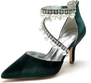 Womens Bridal Shoes Pointed Toe Wedding Shoes High Heel Beaded Pumps Heeled Ankle Buckle Court Sandals Evening Party Dress Stiletto,Dark Green,6